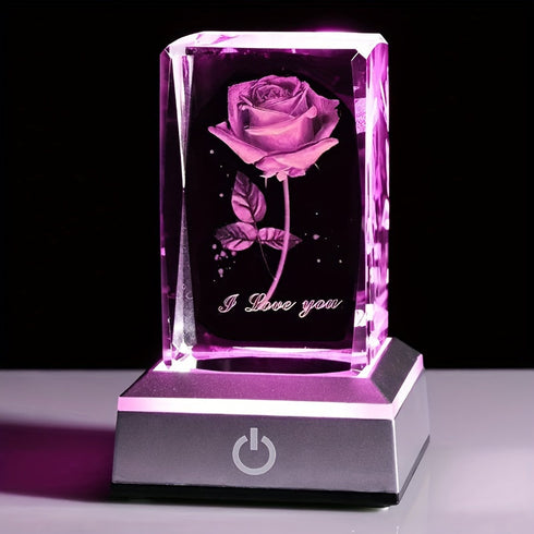 3D Laser Rose Crystal with Light Base Perfect Gift